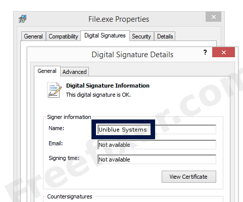 Screenshot of the Uniblue Systems certificate